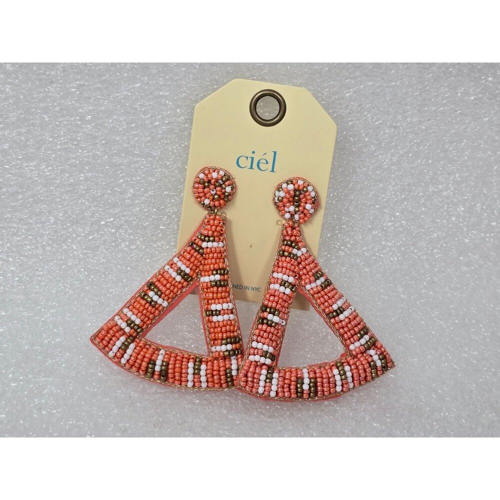 Beaded Triangle Drop Earrings By Ciel - Statement Jewelry Handmade  Orange & Whi